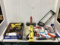 SHOP BOX W/ STANLEY BAR CLAMP, LASER LEVEL, STAPLER, CROW BAR & MISC
