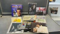 ELVIS COLLECTIBLES - SOCKS, BOOK, BUTTONS/PINS, PICTURES AND A BEATLES BOOK