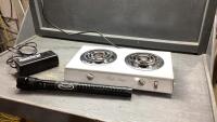 2- BURNER PORTABLE STOVE, BATTERY CHARGER, FLASHLIGHT