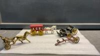 BRASS HORSE & BUGGY + CAST HORSE W/ &ldquo;ICE&rdquo; WAGON AND (2) MISC CAST BUGGY PIECES