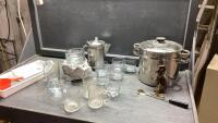 BOX W/POT, GLASSES, GLASS BOWLS, COFFEE POT, TRAY, THERMOMETER