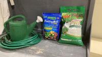 BOX W/POTTING SOIL, LAWN FOOD, WATERING CAN, GARDEN HOSE