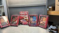 (4) NASCAR WALL CLOCKS & PLASTIC PARKING SIGN