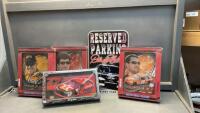 (4) NASCAR WALL CLOCKS & PLASTIC PARKING SIGN