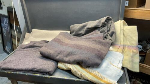 BOX OF (5) WOOL BLANKETS AND A FLANNEL SHEET
