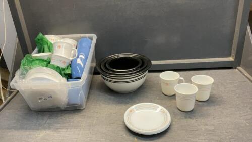 SET OF CORELLE STONEWARE BOWLS, CUPS, SMALL PLATES