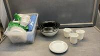 SET OF CORELLE STONEWARE BOWLS, CUPS, SMALL PLATES