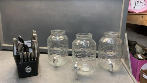 KITCHENAID KNIFE BLOCK W/ KNIVES & (3) GLASS WATER DISPENSERS - NO LIDS