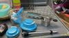 BOX OF KITCHEN ITEMS - CUTLERY TRAY, PLASTIC CUPS, TUPPERWARE CHOPPER, GLASS STORAGE CONTAINERS - 2