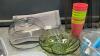 BOX OF KITCHEN ITEMS - CUTLERY TRAY, PLASTIC CUPS, TUPPERWARE CHOPPER, GLASS STORAGE CONTAINERS - 4