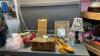 BOX OF DECOR ITEMS - SMALL LAMP, WOOD FORK & SPOON, OWL BOXES, BATTTERY SIGN