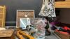 BOX OF DECOR ITEMS - SMALL LAMP, WOOD FORK & SPOON, OWL BOXES, BATTTERY SIGN - 3
