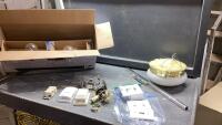 (2)BOXES- CEILING LIGHT FIXTURE, BATHROOM LIGHT FIXTURE, BULBS, DOOR KNOB, OLD STYLE THERMOSTATS, SWITCH PLATES
