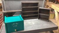 (4) ITEMS - WOOD BREAD BOX, 2 DISPLAY SHELF UNITS, 1 SHELF