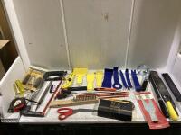 SHOP BOX W/ STUBBY SCREW DRIVERS, OIL FILTER WRENCH, BOW SAW, MEASURE TAPE, FILES & MISC