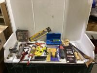 SHOP BOX W/ SCREW DRIVER SET, CAULKING GUNS, TRISCANNER, BACK SAW, RUBBER STRAP & MISC