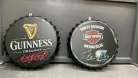 (2) MANCAVE BOTTLE CAP DECOR PIECES - GUINNESS & HARLEY DAVIDSON