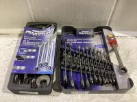 (2) MASTERCRAFT MAXIMUM SETS, EXTRA LARGE GEAR WRENCH SET 4PC & DOUBLE RATCHETING COMBINATION WRENCH SET 12PC