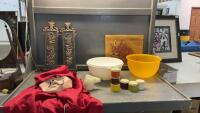 BOX W/ TUPPERWARE BOWL & SPICE CONTAINERS, PLASTIC WALL DECOR, WOOD CARVED DRAGON, COSTUME