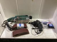 SHOP BOX W/ BOSCH SANDER BELT, BLACK & DECKER VSR DRILL, (2) SANDING BELT PAPER & MASTERCRAFT TAPE MEASURE