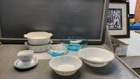 (2) VINTAGE CORNING WARE CASSEROLESS, (2) BLUE BOWLS, (2) CORELLE BOWLS & COFFEE CUPS & SAUCERS