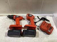 BLACK & DECKER DRILL, FLASHLIGHT, (2) BATTERIES & CHARGER