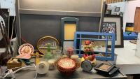 DECOR ITEMS - CANDLES, BEAR COOKIE JAR, LAST SUPPER PICTURE, CROSSES, ROSE VASES ETC