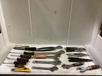SHOP BOX W/ VISE-GRIPS, WRENCHES, SCREW DRIVERS & MISC