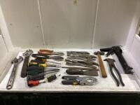 SHOP BOX W/ VISE-GRIPS, BALL PIN HAMMER, SCREW DRIVERS. STUBBY STUBBY SCREW DRIVERS, WRENCHES & MISC