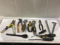 SHOP BOX W/ PLIERS, WRENCHES, SCREW DRIVERS, VERNIER CALIPERS & MISC