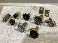 SHOP BOX W/ VARIOUS BRASS HEATER VALVES, SENSOR, OIL PLUG & MISC