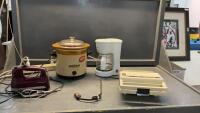 SMAL COFFEE POT, SLOW COOKER, KITCHENAID HAND MIXER, SUNBEAM SANDWICH MAKER