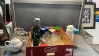 BOX W/ WATER PITCHER, CORELLE TEA POT, GLASSES, MUGS, THERMOS, CARAFE