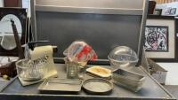 BOX WITH BAKING ITEMS - MIXMASTER, CAKE & LOAF PANS, FLOUR SIFTER