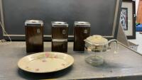 VINTAGE METAL CANISTER SET, PYREX COFFEE PERCOLATOR, PLATTER