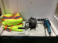 SHOP BOX W/ (2) REFLECTIVE VESTS, MIKITA ANGLE GRINDER & ALL PURPOSE WINCH