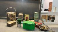 BOX OF MISC VINTAGE TINS, VINTAGE ICE BUCKET, DRIVE IN SPEAKER, KEROSENE LAMP TOP, CIGARETTE TINS
