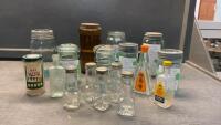 BOX OF COLLECTIBLE BOTTLES - CANNING JARS, MEDICINE, SPICE, COFFEE