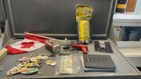 BOX OF MISC ITEMS - VINTAGE FLASHLIGHT, BOTTLE OPENERS, BUTTONS,