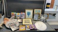 BOX W/ CORNER GAS DVD&rsquo;S, PICTURES/FRAMES, FLIP FLOPS, CHRISTMAS PLATTER