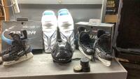 TOTE WITH 2 PAIR HOCKEY SKATES (SIZE 7), 2 SETS LEG GUARDS, CCM HELMET-LARGE