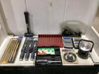 SHOP BOX W/ DEAD BLOW HAMMER, DRILL BIT SETS, SCREW DRIVER, CHISEL SET & MISC