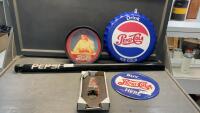 REPLICA PEPSI DECOR - BOTTLE CAP, WALL BOUNT BOTTLE OPENER, TRAY & SIGN AND SOME KIND OF DISPENSER