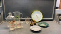 BOX W/ VINTAGE ITEMS - PLASTIC NESTEA JUG, GLASS A&W JUG WITH PLASTIC MUGS, SEWING AID CADDY, MAC TOOLS CLOCK
