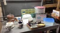 (2)BOXES- SALAD SPINNER, ROCK POTS, MUGS, KITCHEN UTENSILS