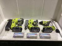 SHOP BOX W/ RYOBI BRAD NAILER, GAUGE PIN NAILER, DRILL, (3) BATTERIES, CHARGER & (3) NARROW CROWN STAPLES