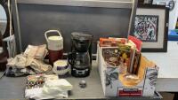 BO W/ COOKBOOKS, COLEMAN COOLER JUG, B&D COFFEE MAKER, TEA TOWELS