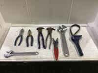 SHOP BOX W/ FENCE PLIERS, SLIP-JOINT PLIERS, SNAP RING, WRENCHES & RUBBER STRAP WRENCH