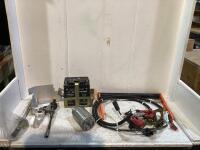 SHOP BOX OF MISC W/ POLARIS BATTERY, MOTOR, WIRING & TROMBETTA