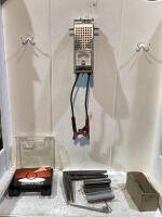 SHOP BOX W/ KAL BATTERY TESTER, LOCTITE O-RING KIT, SHELF BRACKETS & MISC